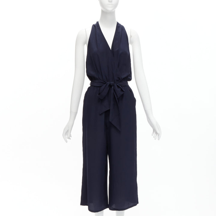 TORY BURCH 100% silk navy V neck wide leg wrap tie wide leg jumpsuit XS