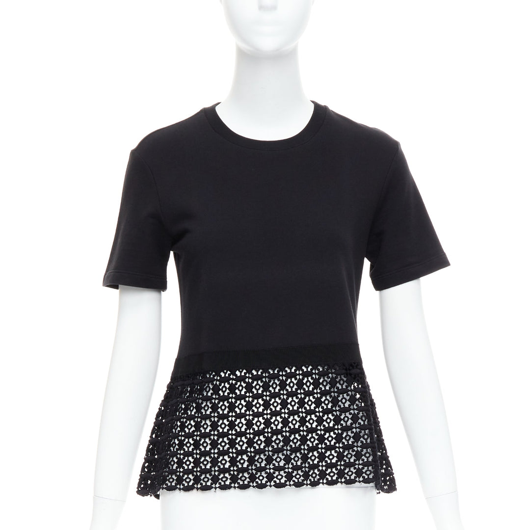 GIAMBATTISTA VALLI black cotton geometric lace hem tshirt IT38 XXS
