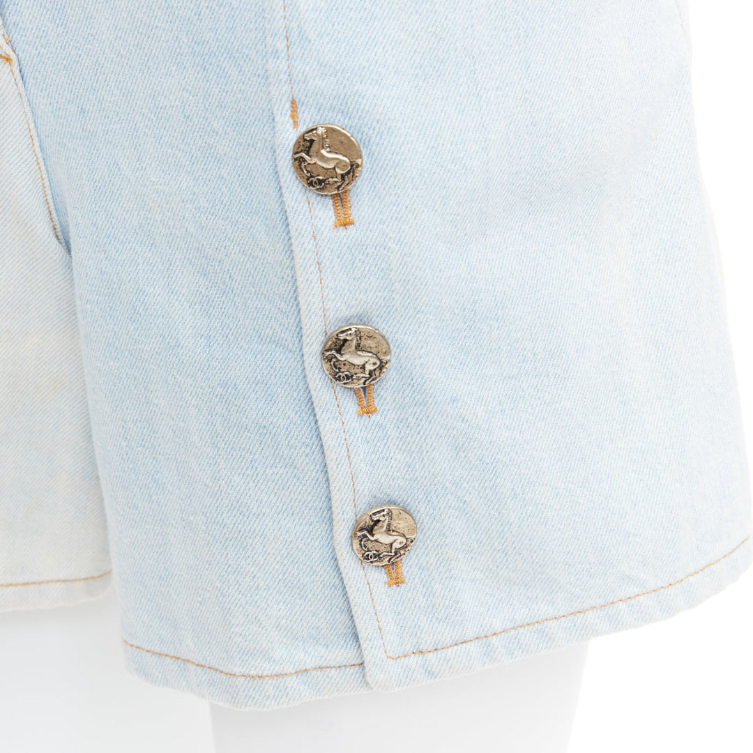 CHANEL 2018 Runway light blue washed denim horse buttons shorts FR34 XS