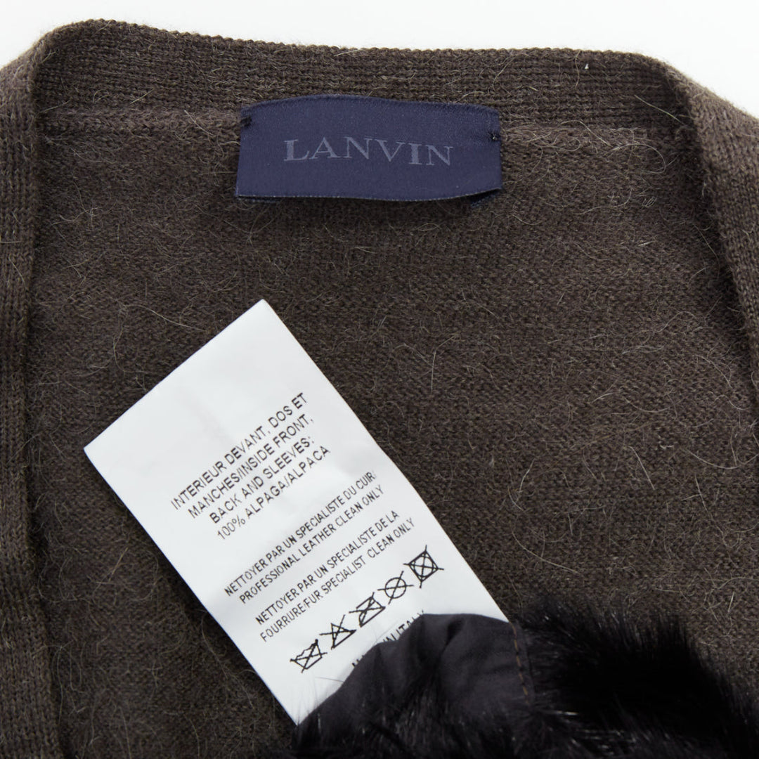 LANVIN black brown 100% alpaca fur front panel cardigan jacket M