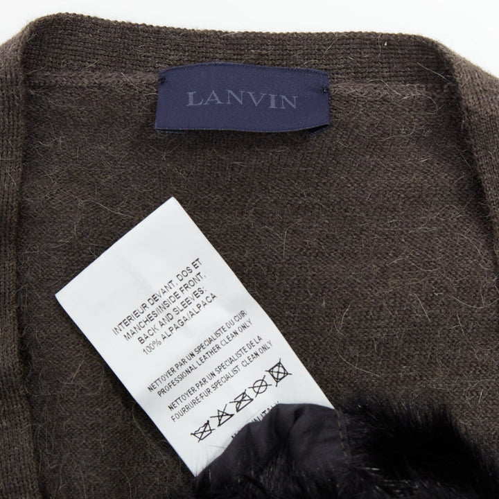 LANVIN black brown 100% alpaca fur front panel cardigan jacket M