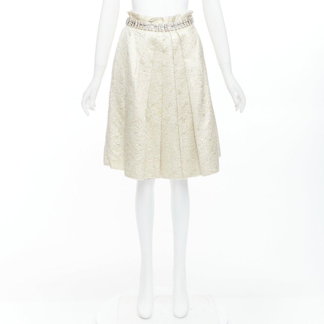 DOLCE GABBANA crystal rhinestone waistband beige brocade cocktail skirt IT40 S