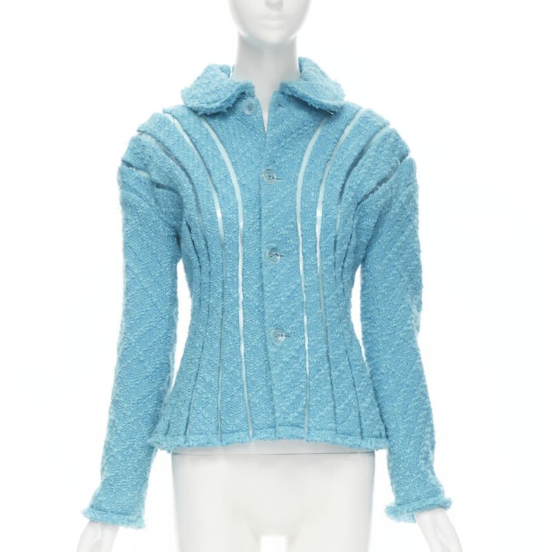 Runway JUNYA WATANABE 2001 teal blue boucle tweed PVC trimmed space age jacket S