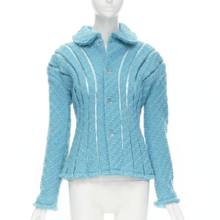 Runway JUNYA WATANABE 2001 teal blue boucle tweed PVC trimmed space age jacket S