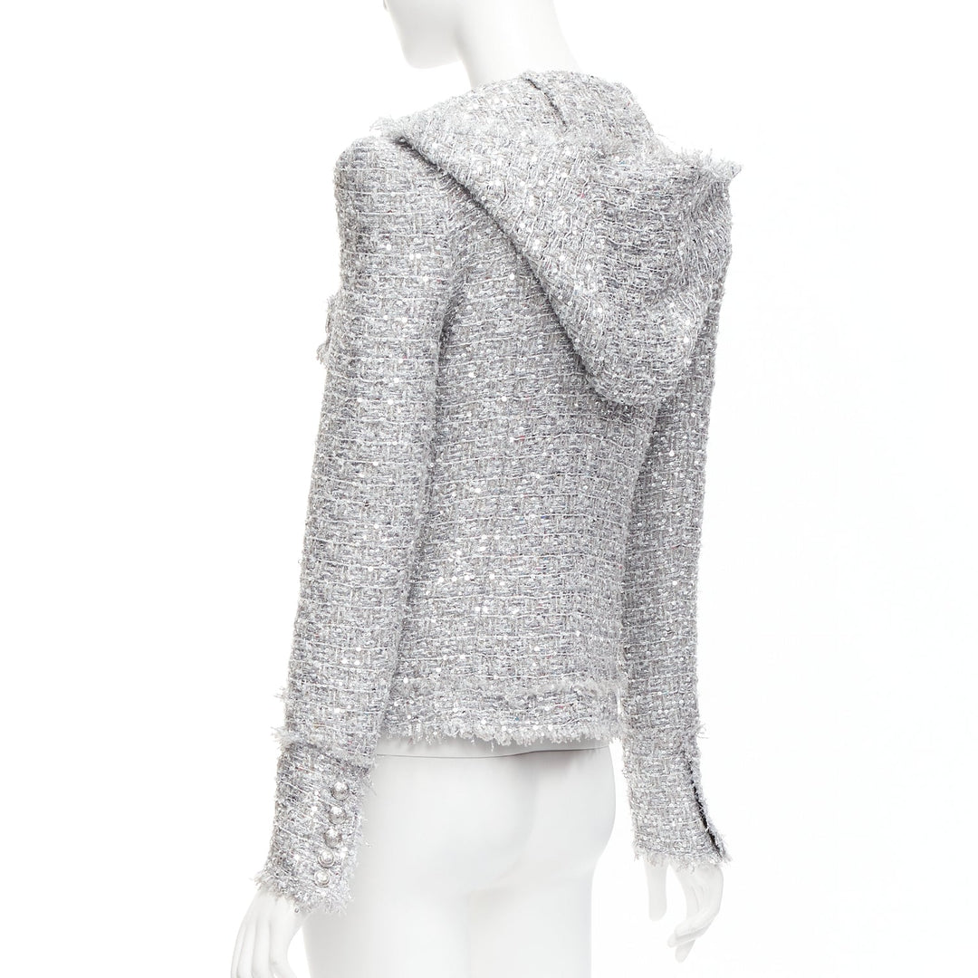 BALMAIN silver sequinned boucle tweed hooded power shoulder jacket FR36 S
