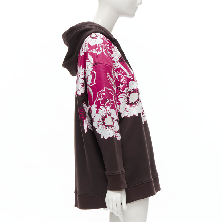 VALENTINO 2022 brown pink floral logo print cotton oversized hoodie S