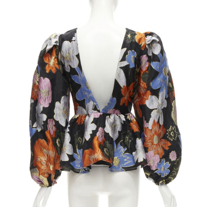 STINE GOYA orange blue floral jacquard peplum balloon sleeves top XS