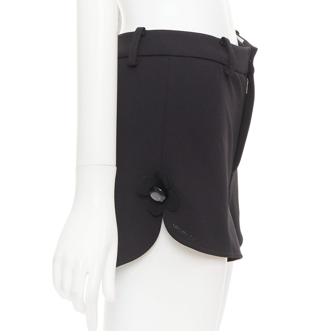 SHUSHU TONG Slit Shorts black floral button applique mini runner pants UK6 XS