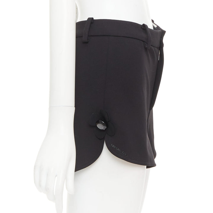 SHUSHU TONG Slit Shorts black floral button applique mini runner pants UK6 XS