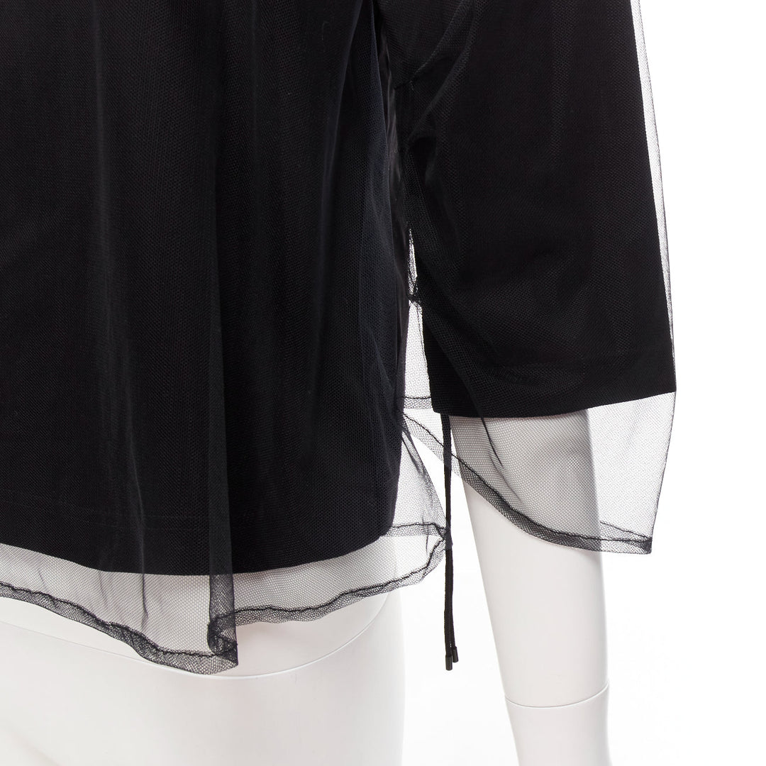 NOIR KEI NINOMIYA 2018 black cotton sheer tulle overlay ruched sleeves tshirt XS