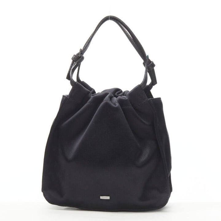 GUCCI TOM FORD black gathered silk satin minimal leather handle bucket bag
