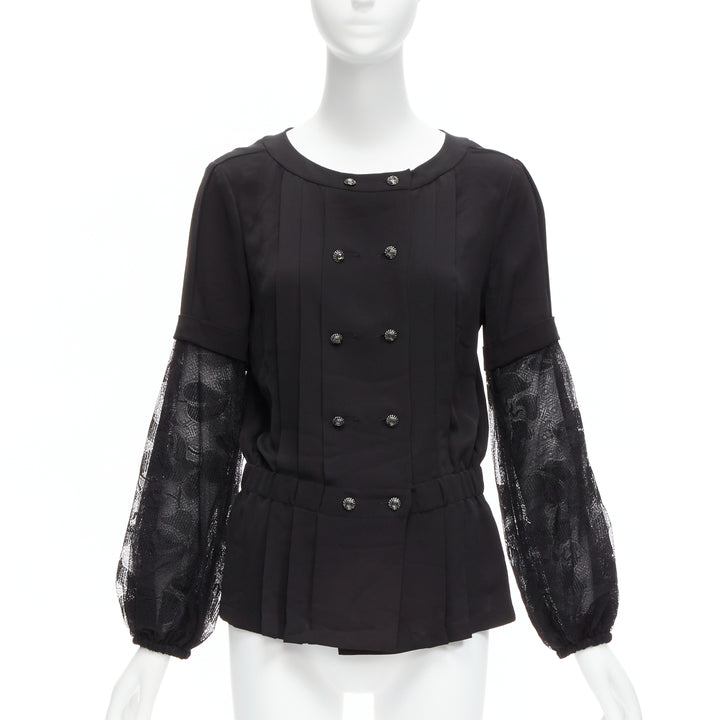 CHANEL 13P silk black floral lace sleeves pleated jacket blouse FR36 S