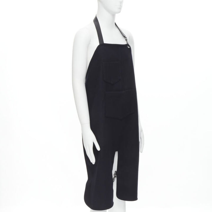 BALENCIAGA Runway black wool leather strap buckle apron dungaree
