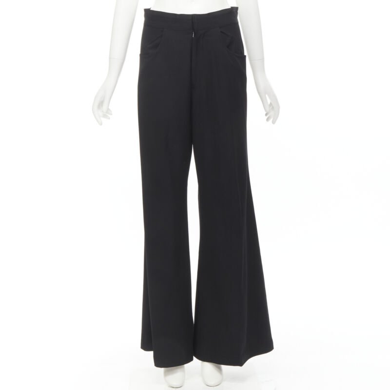 YOHJI YAMAMOTO black wool grosgrain trim waist high waisted wide leg pants JP3 L