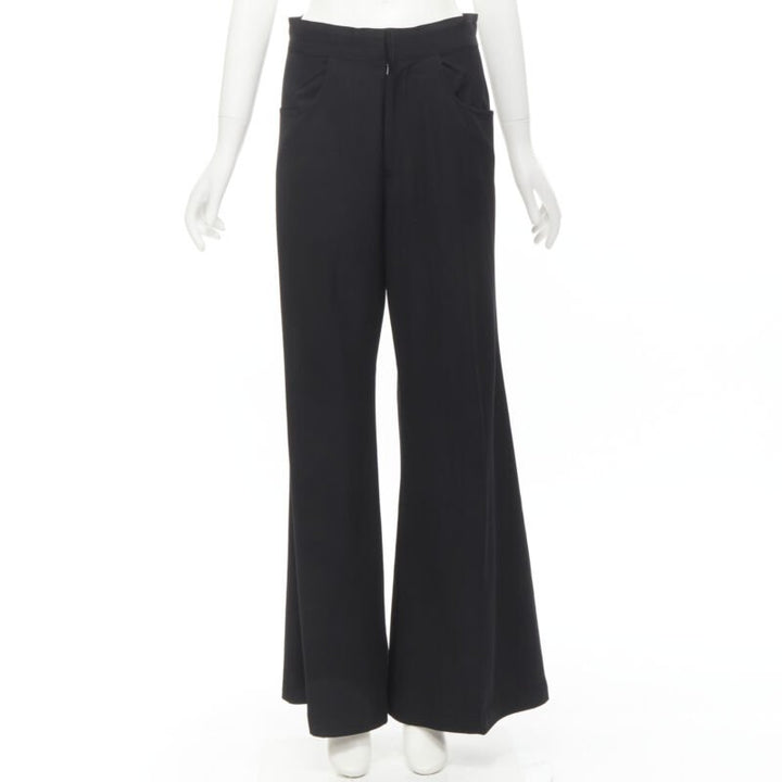 YOHJI YAMAMOTO black wool grosgrain trim waist high waisted wide leg pants JP3 L