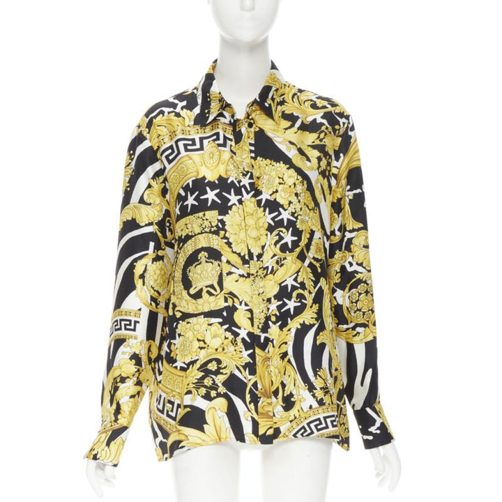 VERSACE Runway Savage Barocco black gold Greca baroque silk shirt IT44 L