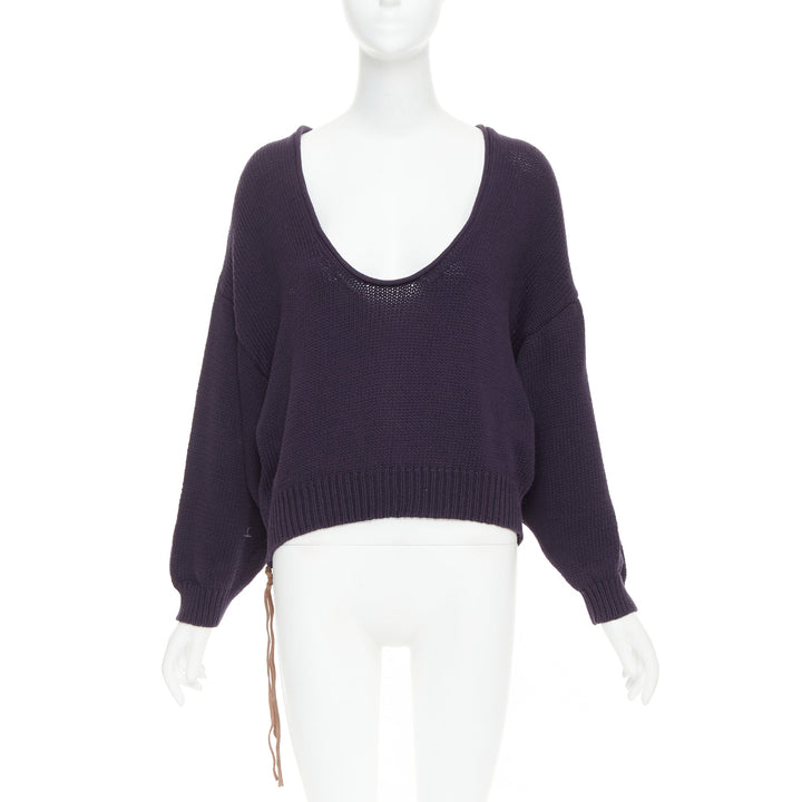ACNE STUDIOS 2011 Sharp navy cotton wide scoop neck leather zip sweater XS