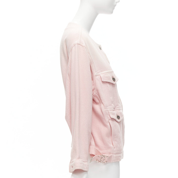 CHANEL 2019 pink cotton 4 pockets CC buttons collarless oversized jacket FR34 XS