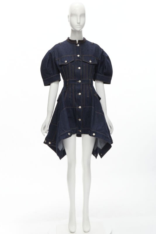 ALEXANDER MCQUEEN 2022 indigo blue denim corset rounded sleeve dress IT38 XS