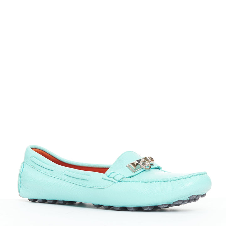 HERMES Irving cyan blue leather silver stud driving loafers EU35.5