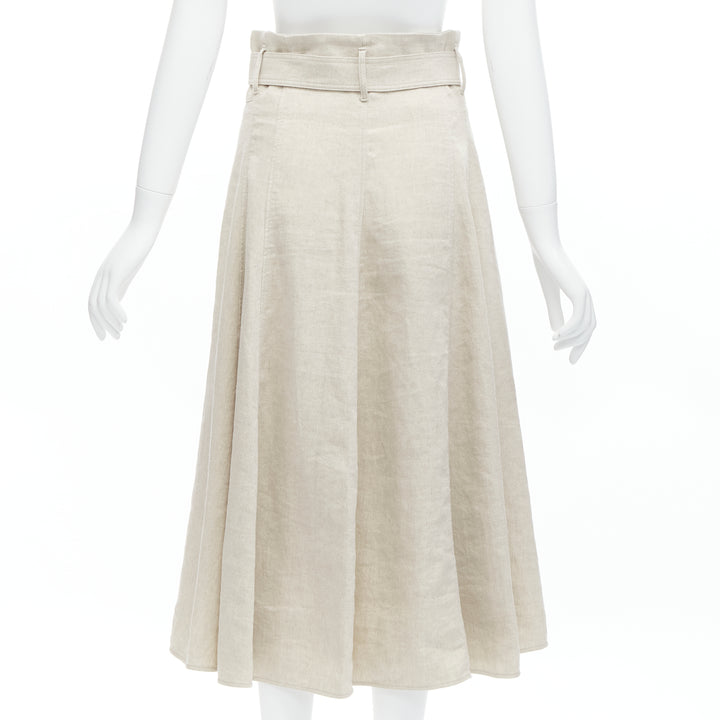 BRUNELLO CUCINELLI beige cotton linen tie belt A-line midi skirt IT40 S