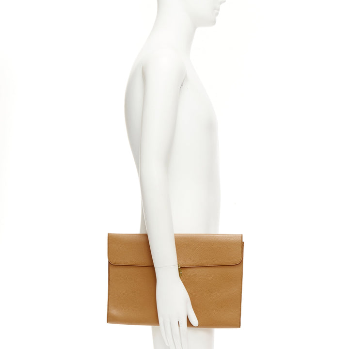 RALPH LAUREN tan textured leather gold logo push lock flap flat clutch bag