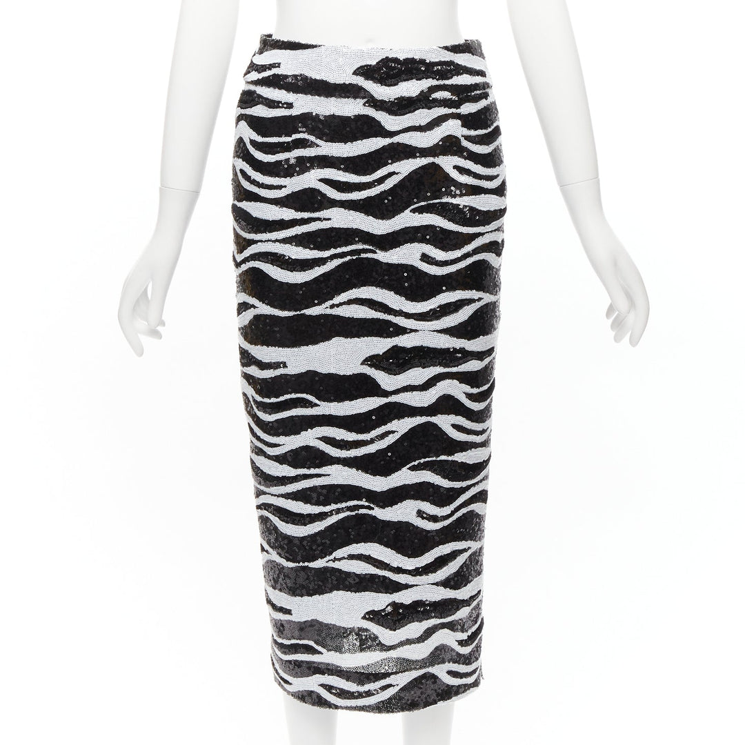 DOLCE GABBANA 2022 black white zebra sequins chantilly lace back skirt IT38 XS