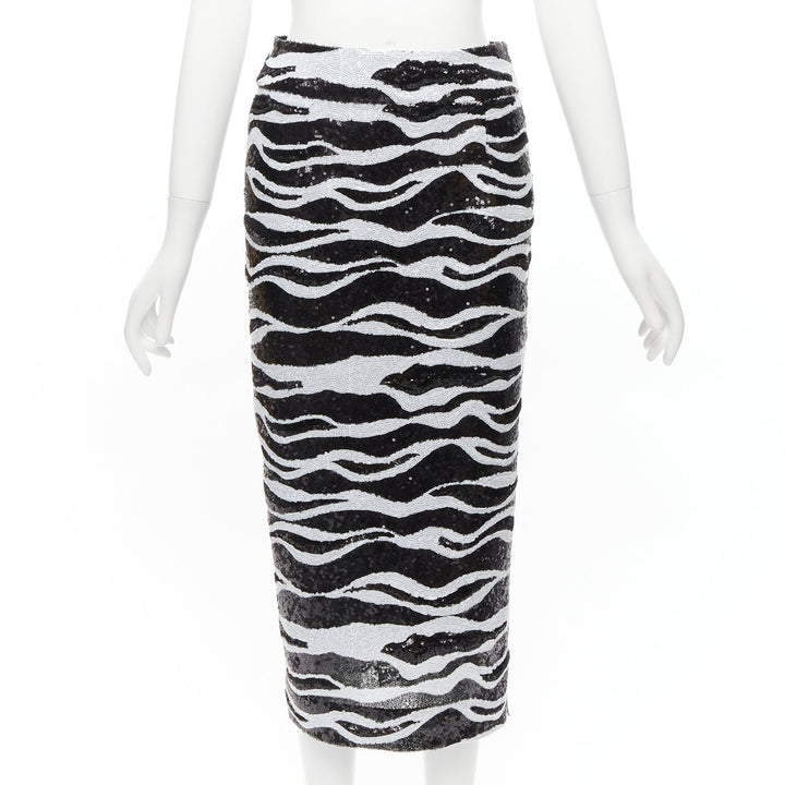 DOLCE GABBANA 2022 black white zebra sequins chantilly lace back skirt IT38 XS