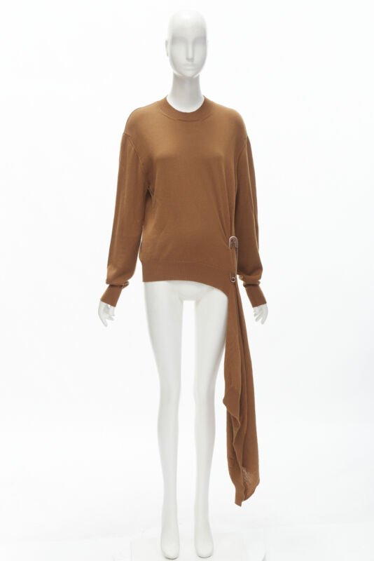 MONSE brown 100% wool XL safety pin draped hem sweater M