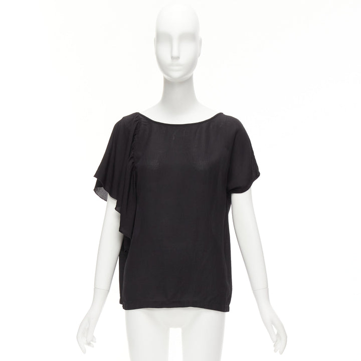 DRIES VAN NOTEN black viscose linen asymmetric flutter sleeve blouse top FR40 L