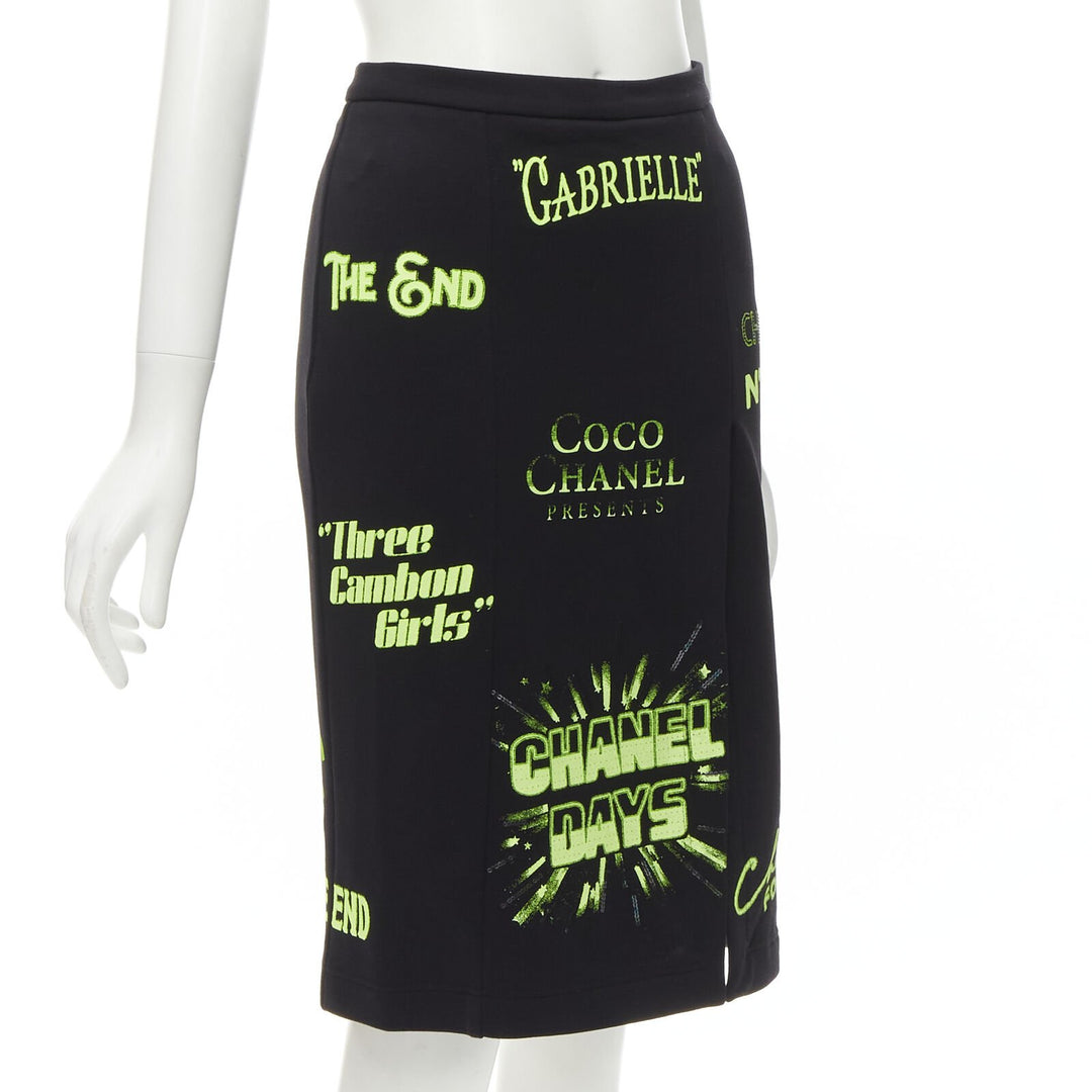 rare CHANEL 2021 Runway black neon graphic logo slit cotton fleece skirt FR34 XS
