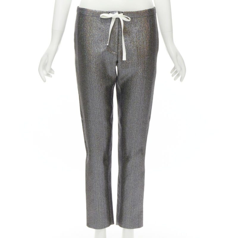 ROSIE ASSOULIN silver iridescent glitter metallic silk tapered cropped pants XS