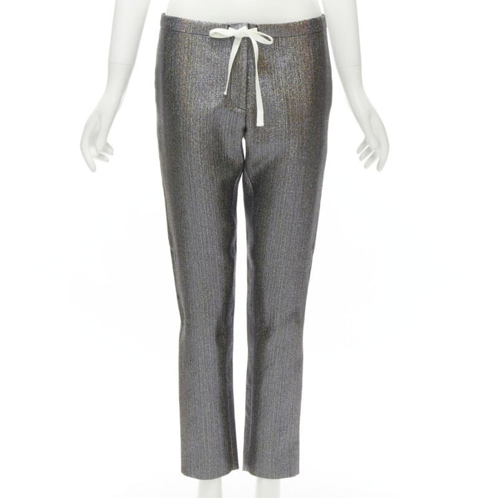 ROSIE ASSOULIN silver iridescent glitter metallic silk tapered cropped pants XS