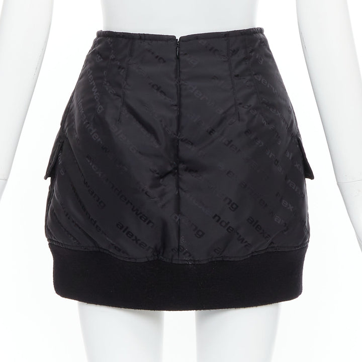 ALEXANDER WANG black logo print deconstructed bomber nylon mini skirt US0 XS