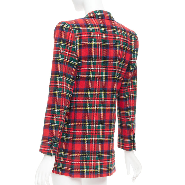 SAINT LAURENT 2023 red scotland plaid wool blend power blazer FR34 XS