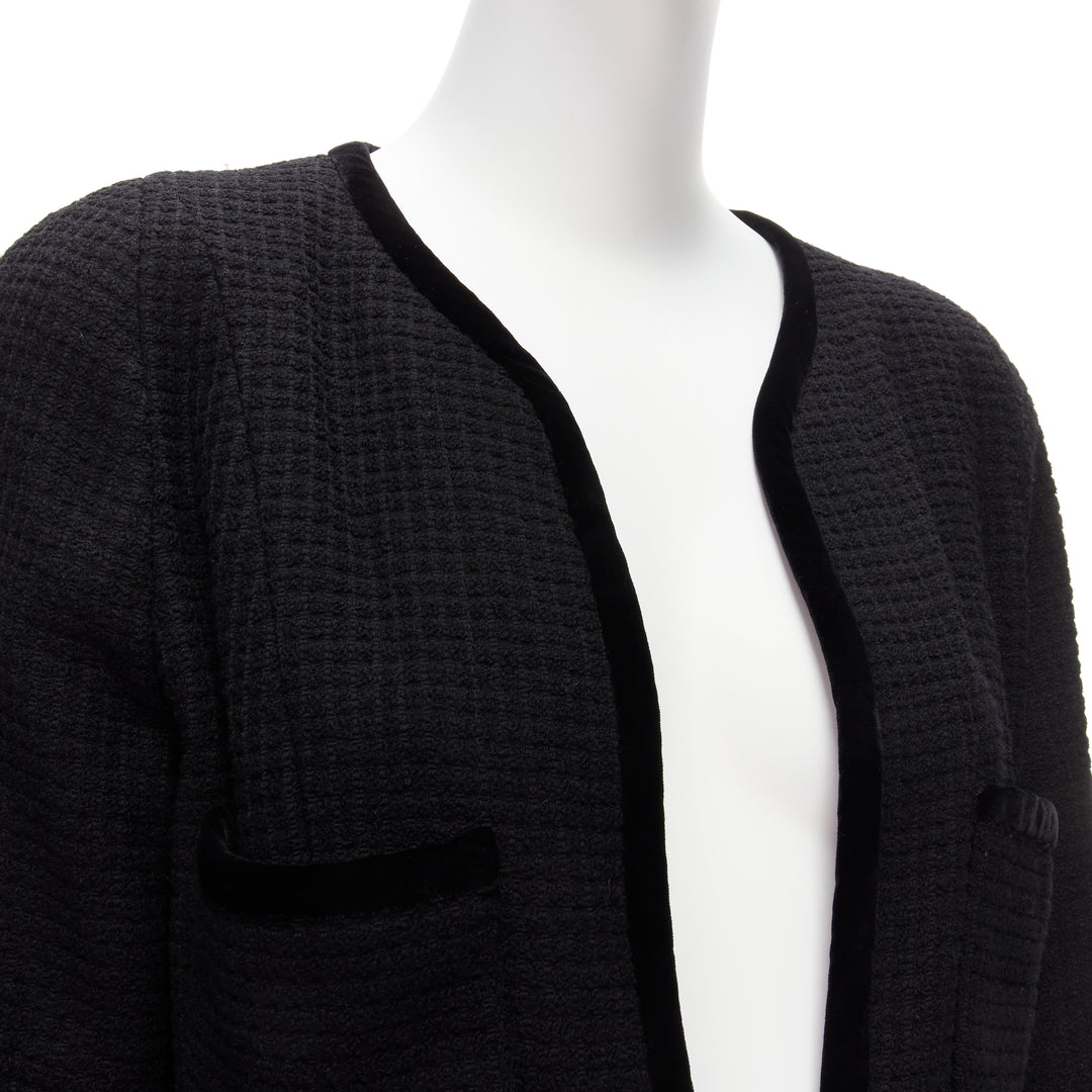 CHANEL Collection 23 1989 Vintage camellia button velvet black tweed jacket FR40