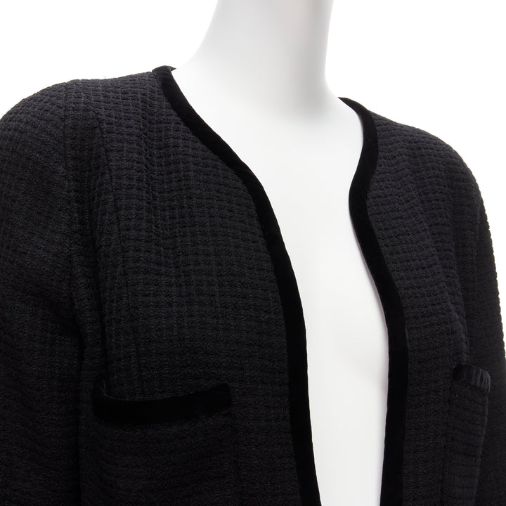 CHANEL Collection 23 1989 Vintage camellia button velvet black tweed jacket FR40