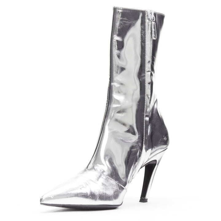 BALENCIAGA Demna silver metallic mirrored leather high ankle boots EU38