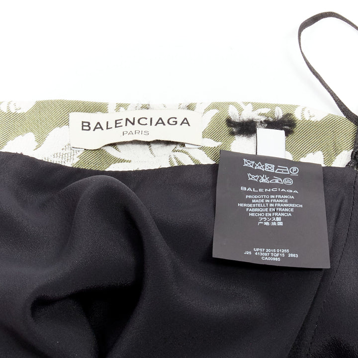 BALENCIAGA 2015 green black fringe embellishment white floral midi skirt FR36 S