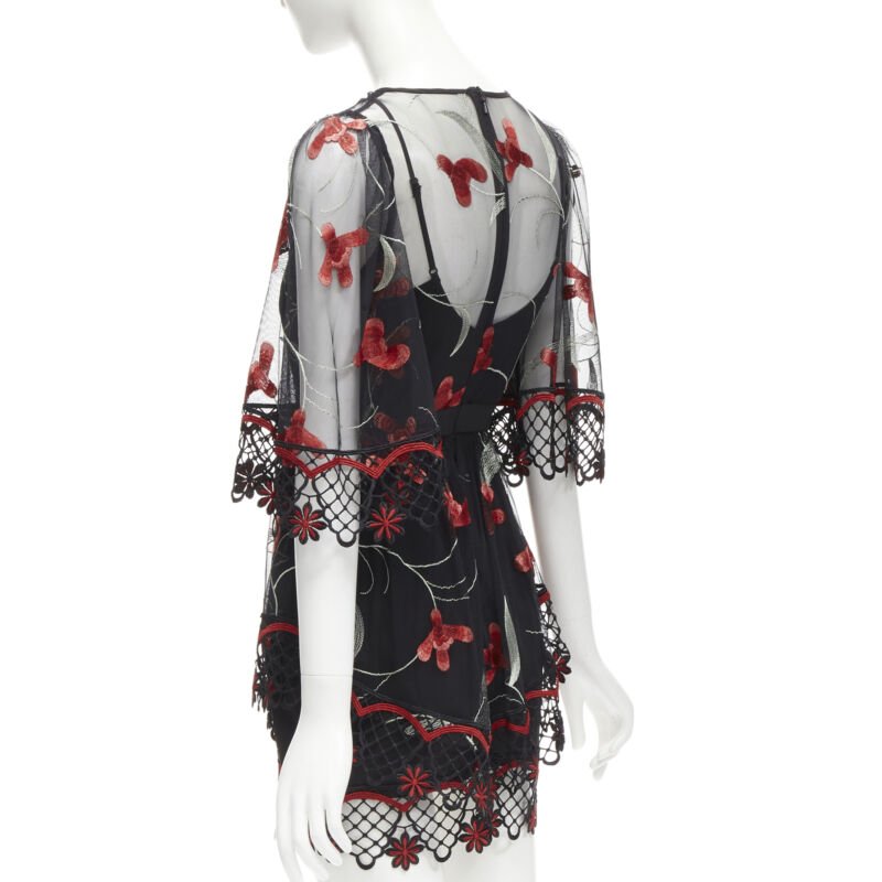 ALICE MCCALL Wish you Were Here black red guipere lace floral tulle dress US2 XS