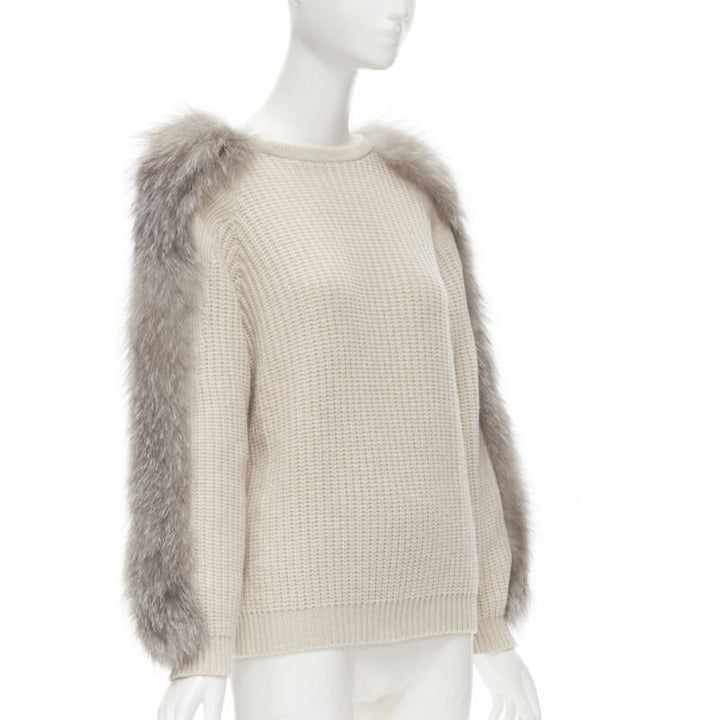 BRUNELLO CUCINELLI beige 100% cashmere grey fox fur sleeve waffle knit sweater M