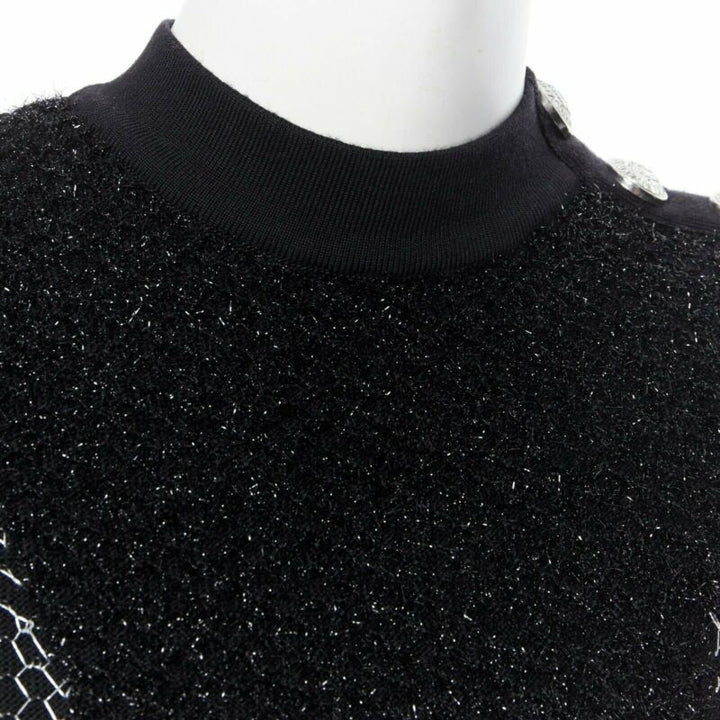 BALMAIN ROUSTEING black silver thread fluffy military button bodycon dress S