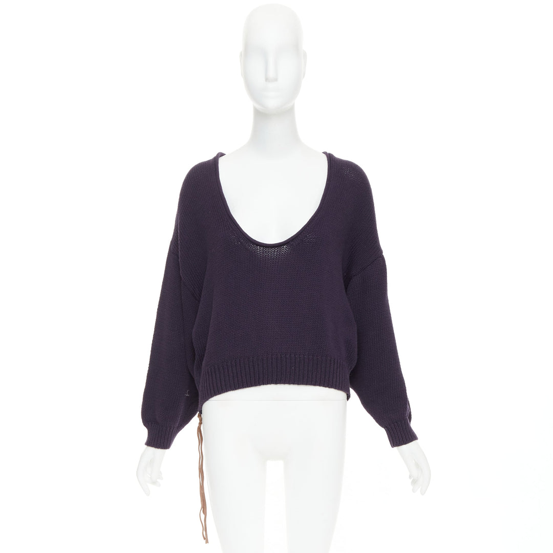 ACNE STUDIOS 2011 Sharp navy cotton wide scoop neck leather zip sweater XS