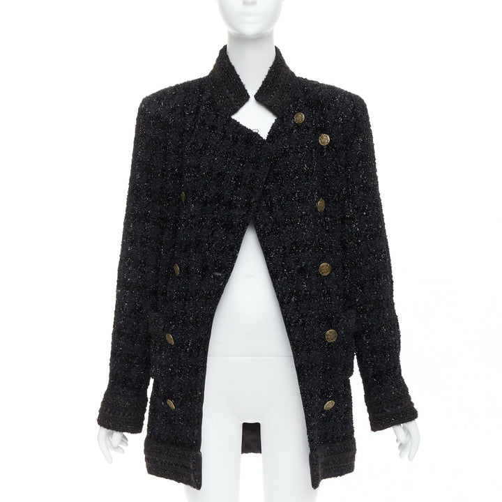 CHANEL 10A Paris Shanghai Runway black metallic checked qipao coat FR40