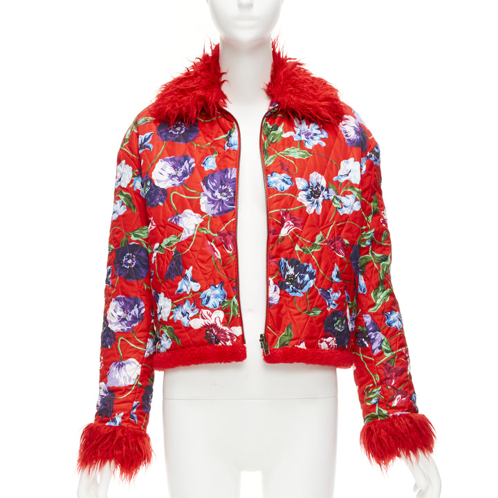 KENZO Memento reversible red purple flower print faux fur crop jacket FR34 XS