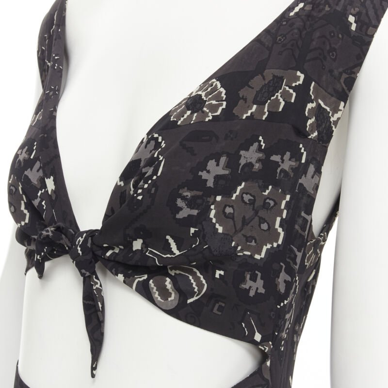 YOHJI YAMAMOTO black pixelated floral paisley cut out draped front midi dress S