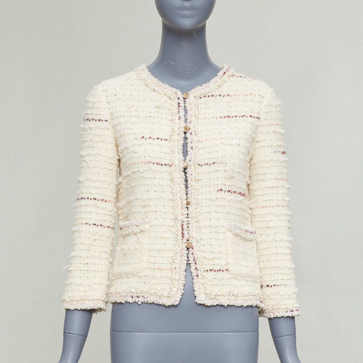 CHANEL 05A cream pink wool boucle tweed gold CC buttons cardigan FR38 M