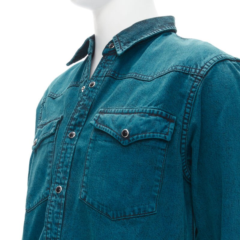 BALENCIAGA 2018 turquoise acid dye washed heavy cotton ripped cuff shirt EU38 S