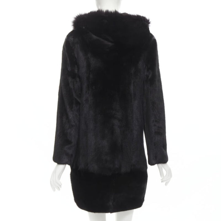 ISLA black fur long sleeve snap button hooded jacket IT42