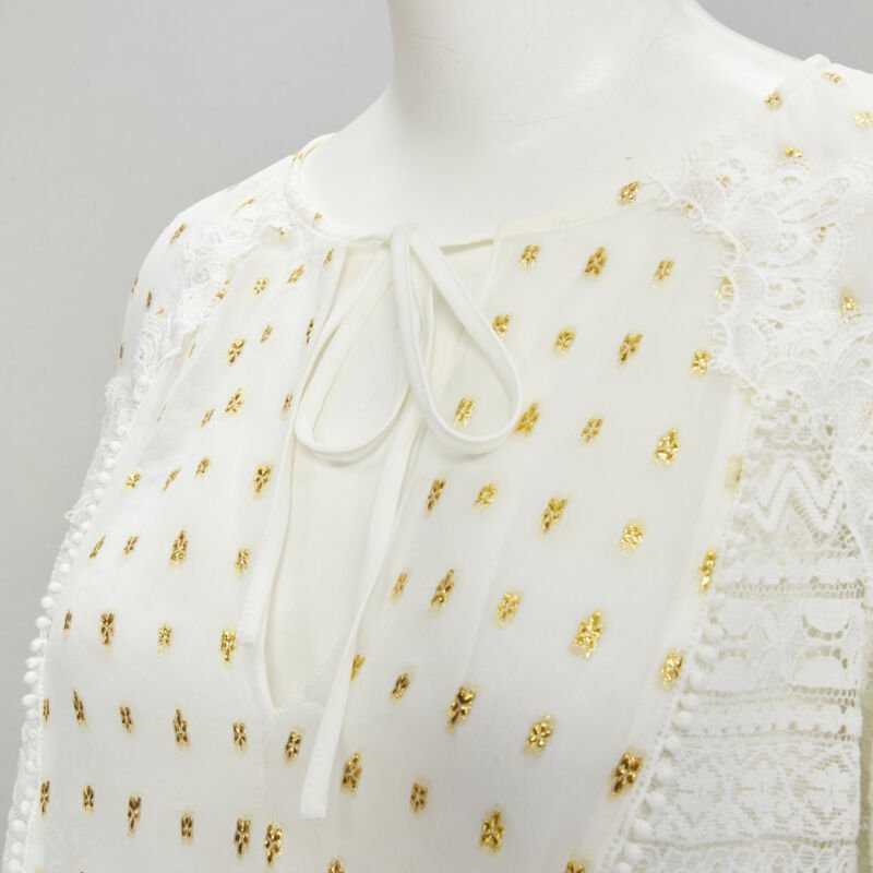 TEMPERLEY LONDON white sheer gold jacquard crochet lace bohemian top US4 S